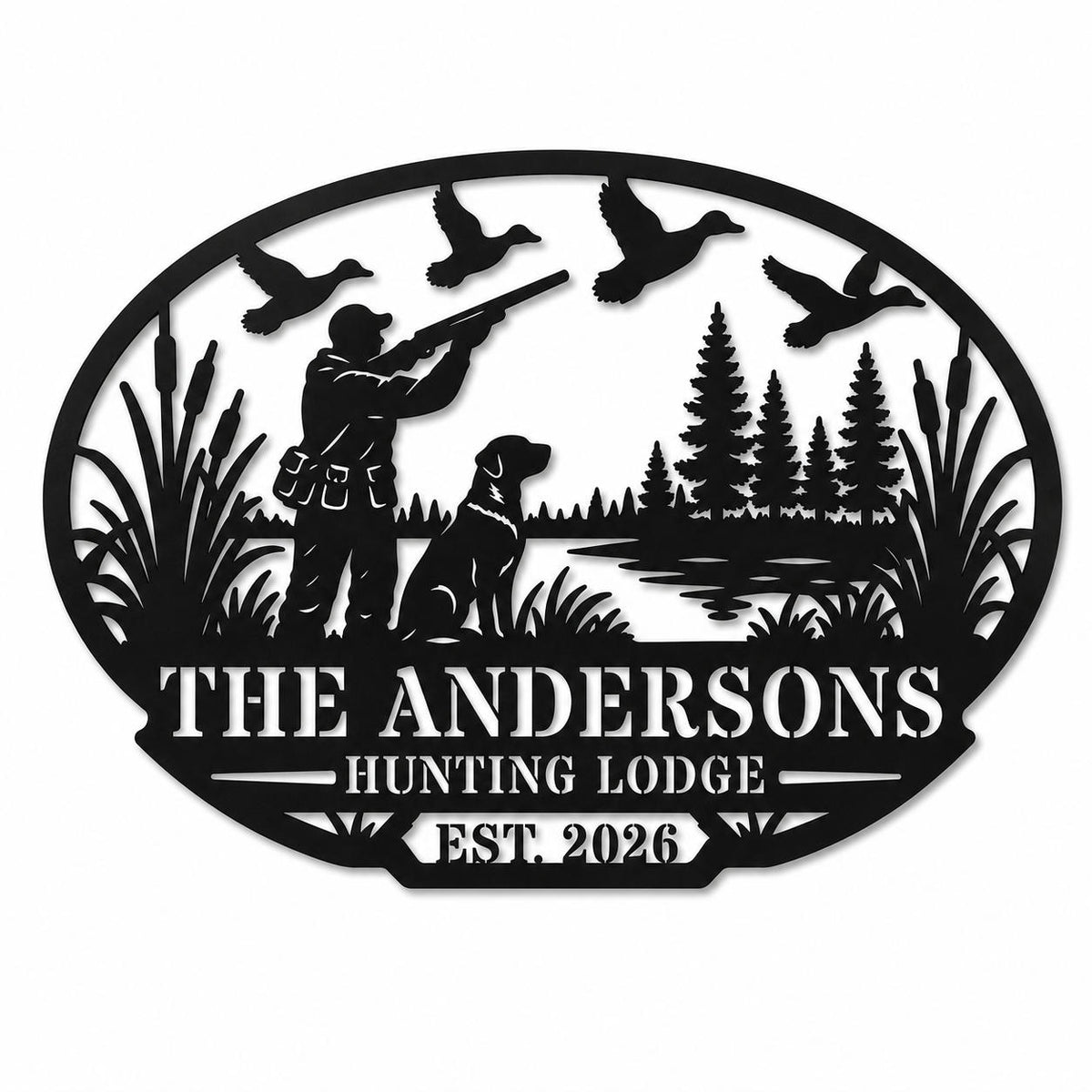 Personalized black metal hunting lodge sign featuring a hunter, dog, flying ducks, pine trees, and custom family name. Main image