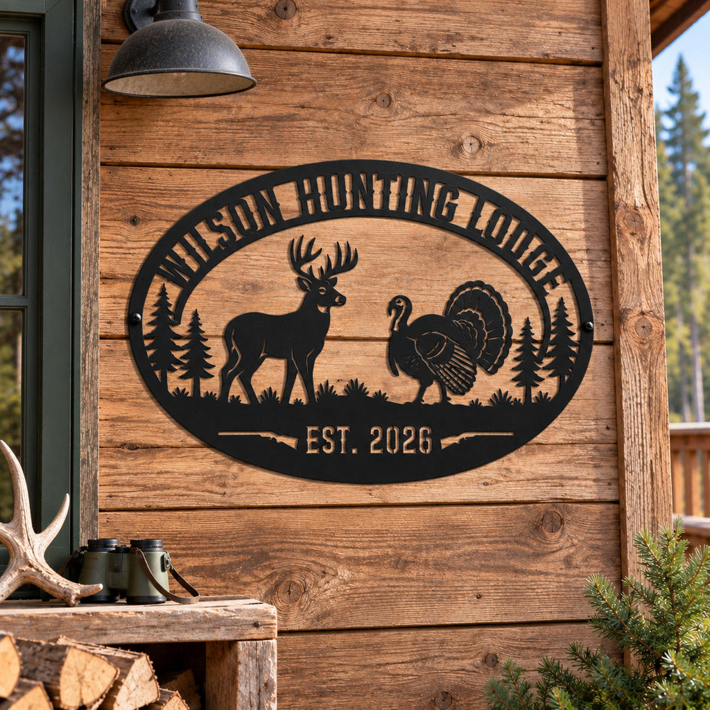 Personalized hunting lodge metal sign mounted on a rustic wooden cabin wall with deer and turkey design.