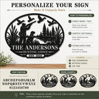 Customization guide for a personalized hunting lodge metal sign showing family name, lodge text, and established year options.