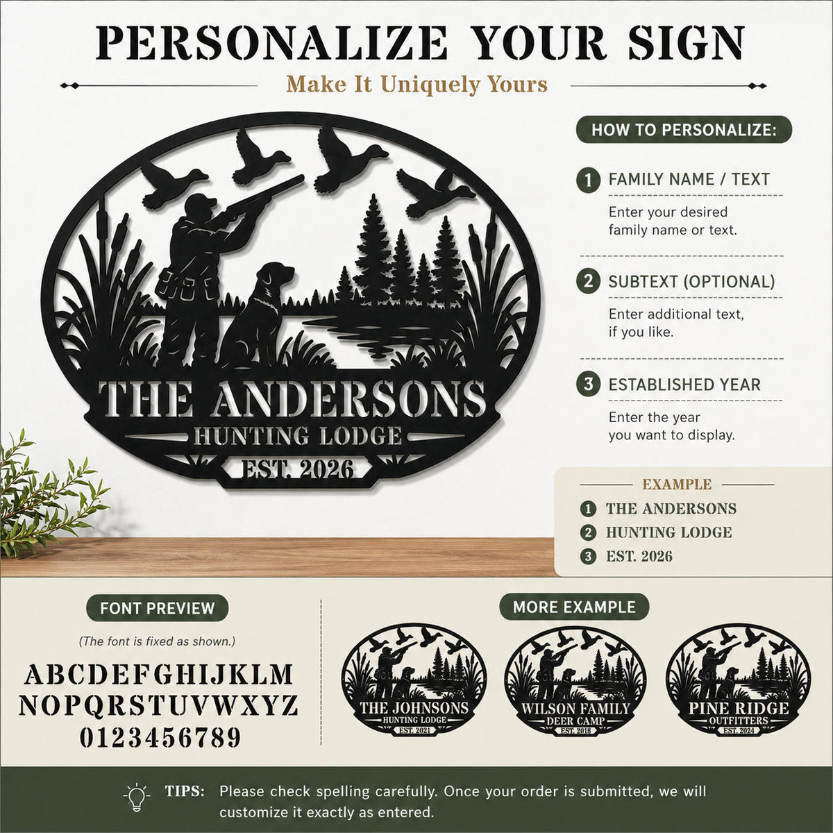 Customization guide for a personalized hunting lodge metal sign showing family name, lodge text, and established year options.