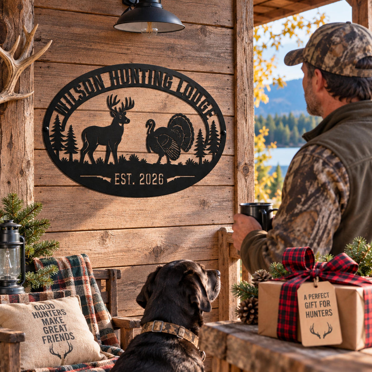 Personalized hunting lodge metal sign shown in a rustic cabin setting as a unique gift for hunters.