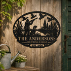 Personalized metal hunting sign mounted on a rustic wood cabin wall with a hunter, retriever, ducks, and pine trees.