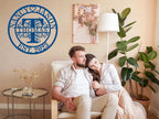 Custom round metal monogram sign with scroll design, personalized with names, large initial