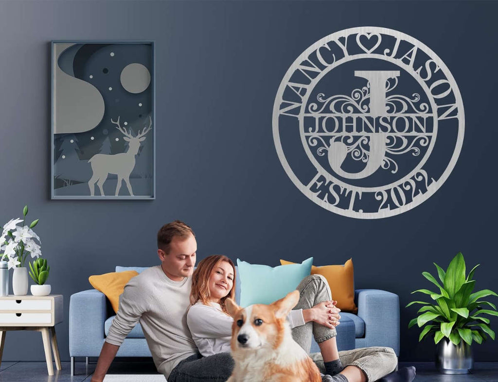 Custom round metal monogram sign with scroll design, personalized with names, large initial
