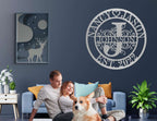 Custom round metal monogram sign with scroll design, personalized with names, large initial
