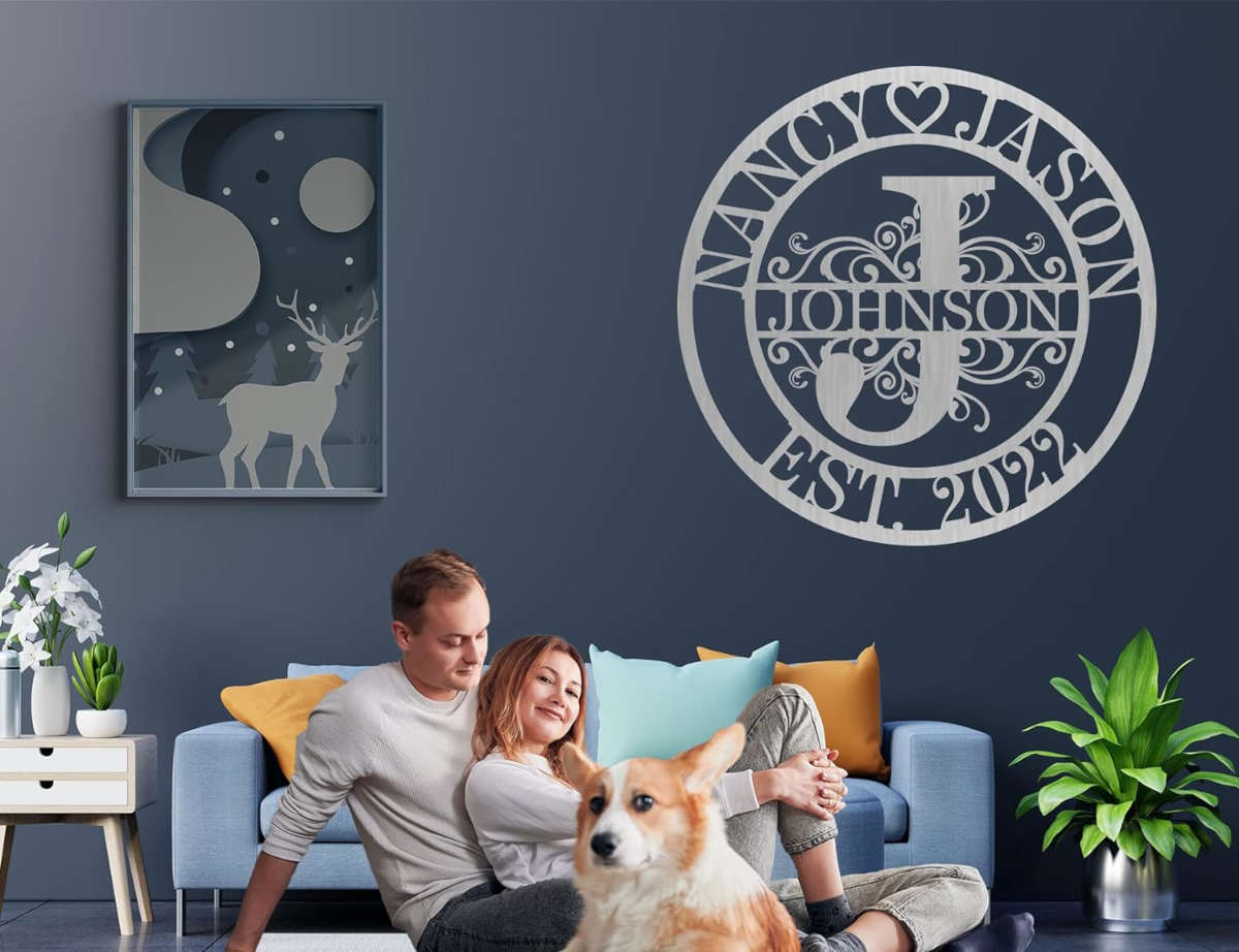 Custom round metal monogram sign with scroll design, personalized with names, large initial