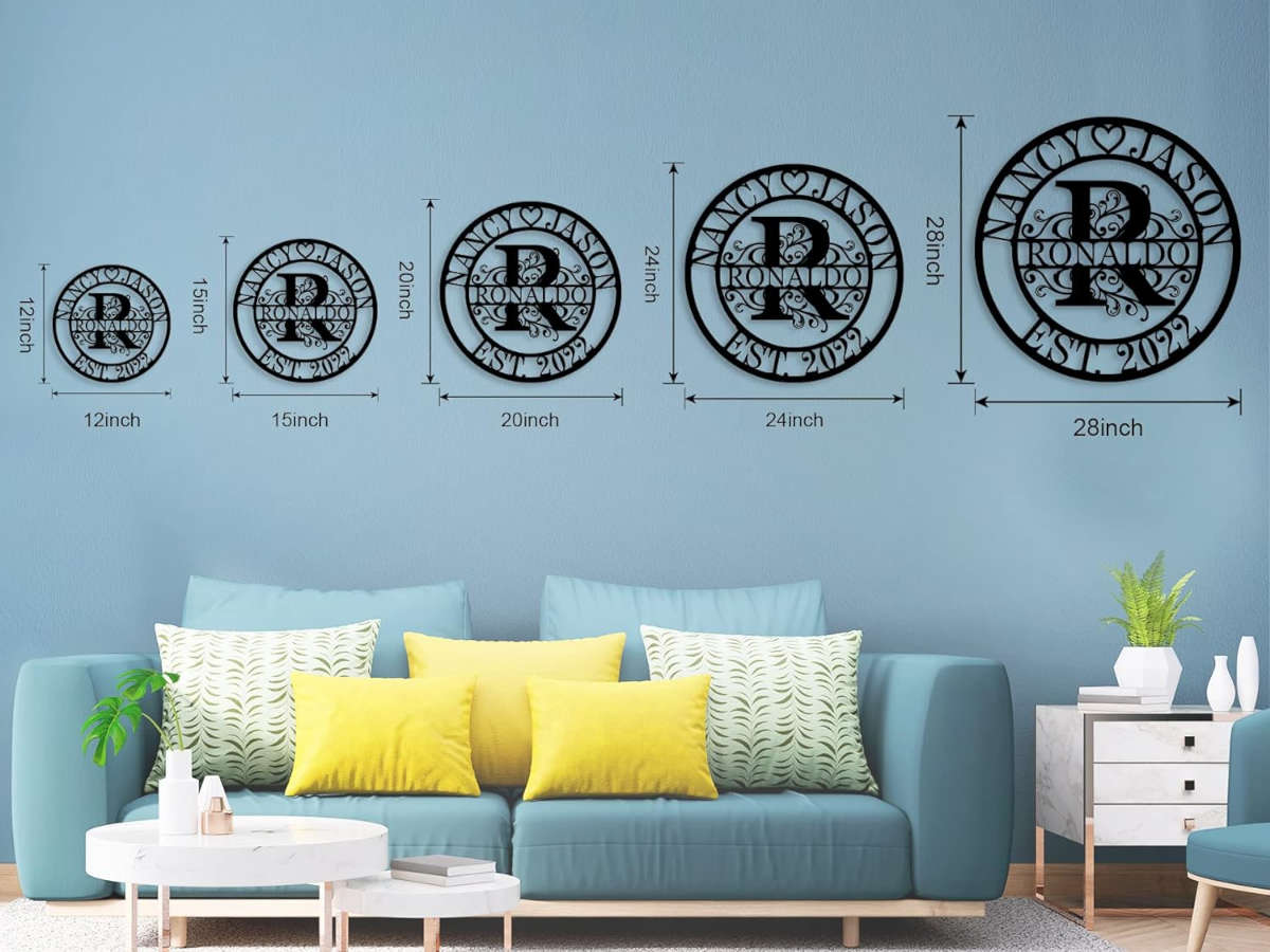 Custom round metal monogram sign with scroll design, personalized with names, large initial