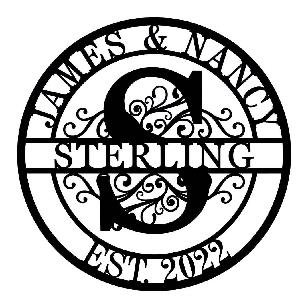 Personalized family initial metal sign with names and EST year – laser-cut steel wall art with scroll design, custom-made for weddings, anniversaries, or home décor Main image