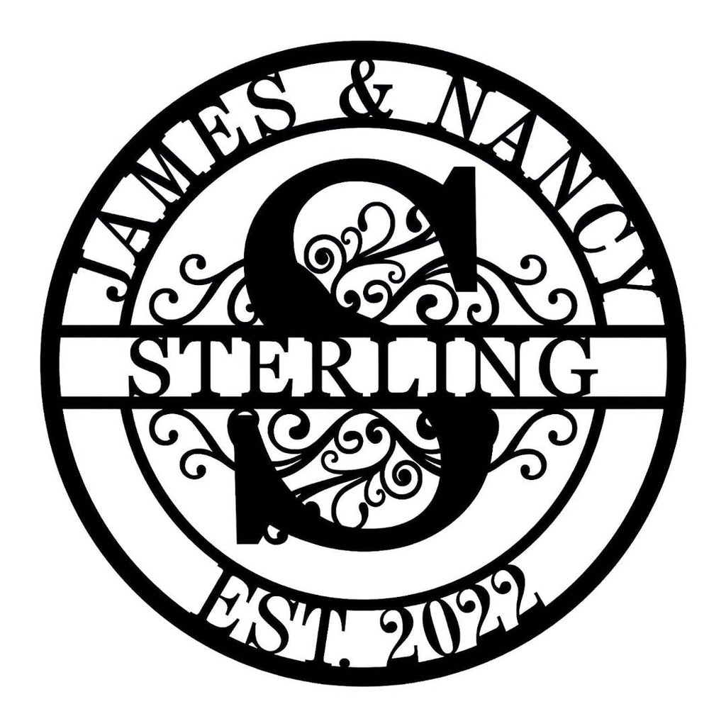 Personalized family initial metal sign with names and EST year – laser-cut steel wall art with scroll design, custom-made for weddings, anniversaries, or home décor