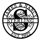 Personalized family initial metal sign with names and EST year – laser-cut steel wall art with scroll design, custom-made for weddings, anniversaries, or home décor