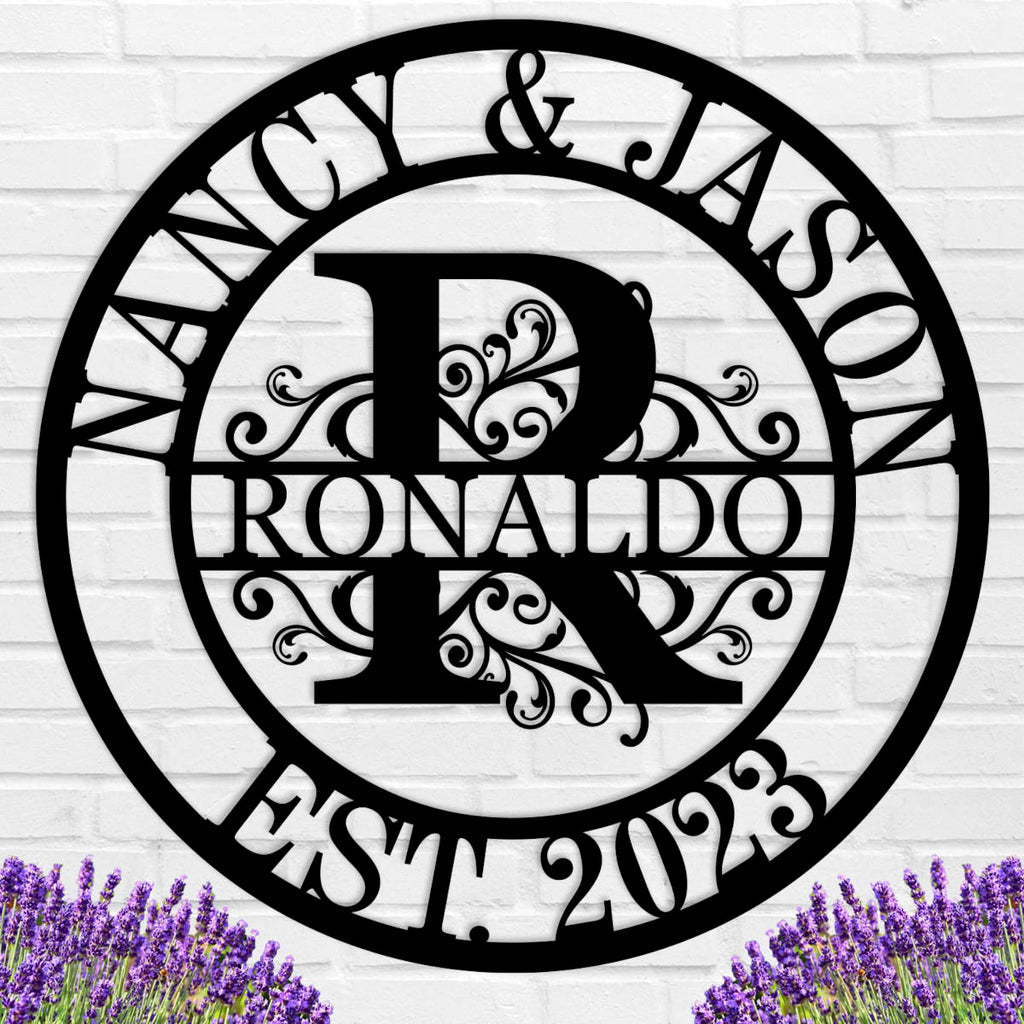 Custom round metal monogram sign with scroll design, personalized with names, large initial