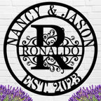 Custom round metal monogram sign with scroll design, personalized with names, large initial