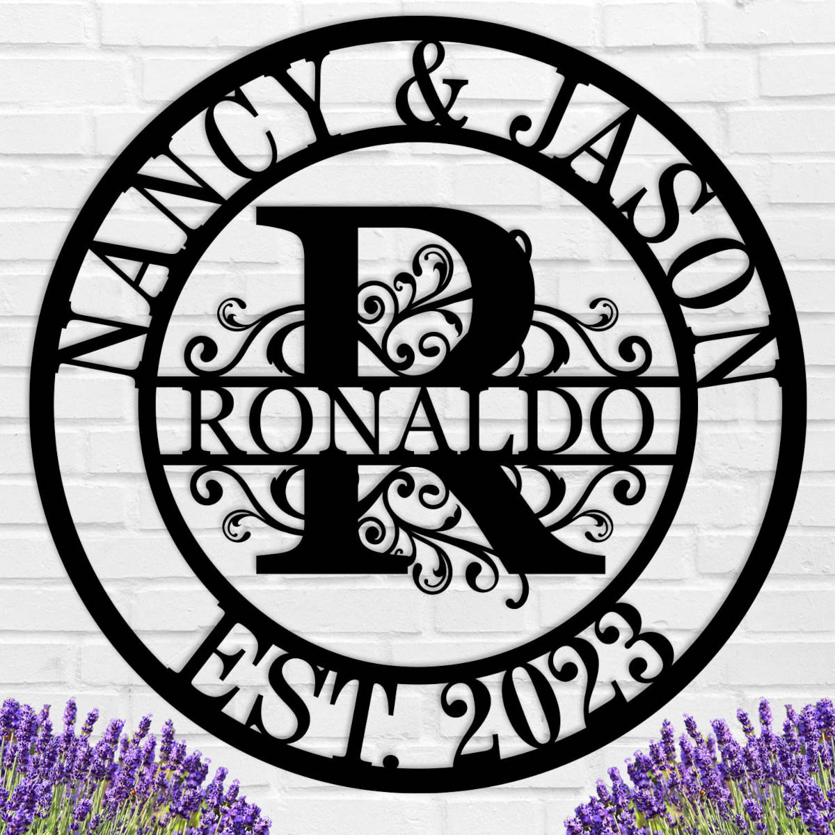 Custom round metal monogram sign with scroll design, personalized with names, large initial
