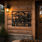 Custom Jeep metal wall sign with personalized two-line text mounted on a rustic cabin entrance.