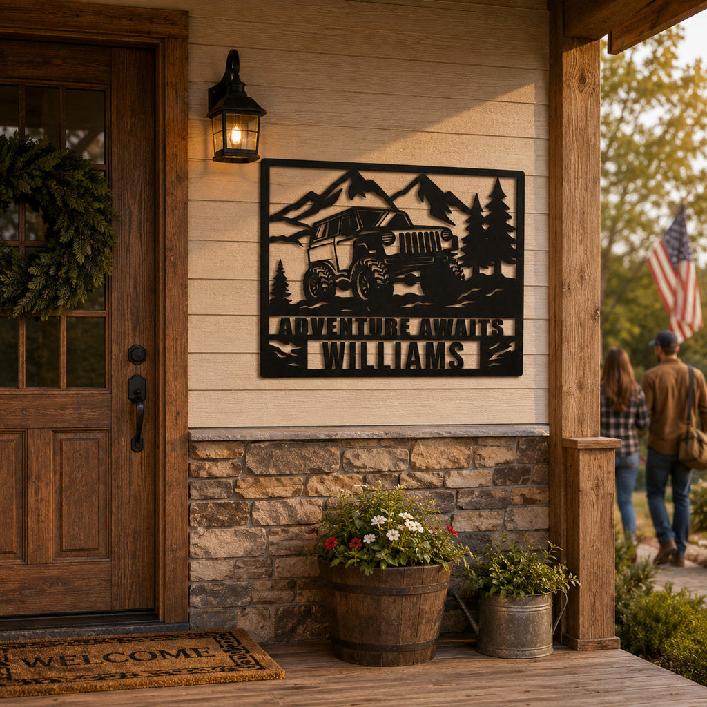 Custom Jeep metal wall sign with personalized two-line text mounted on a rustic cabin entrance.