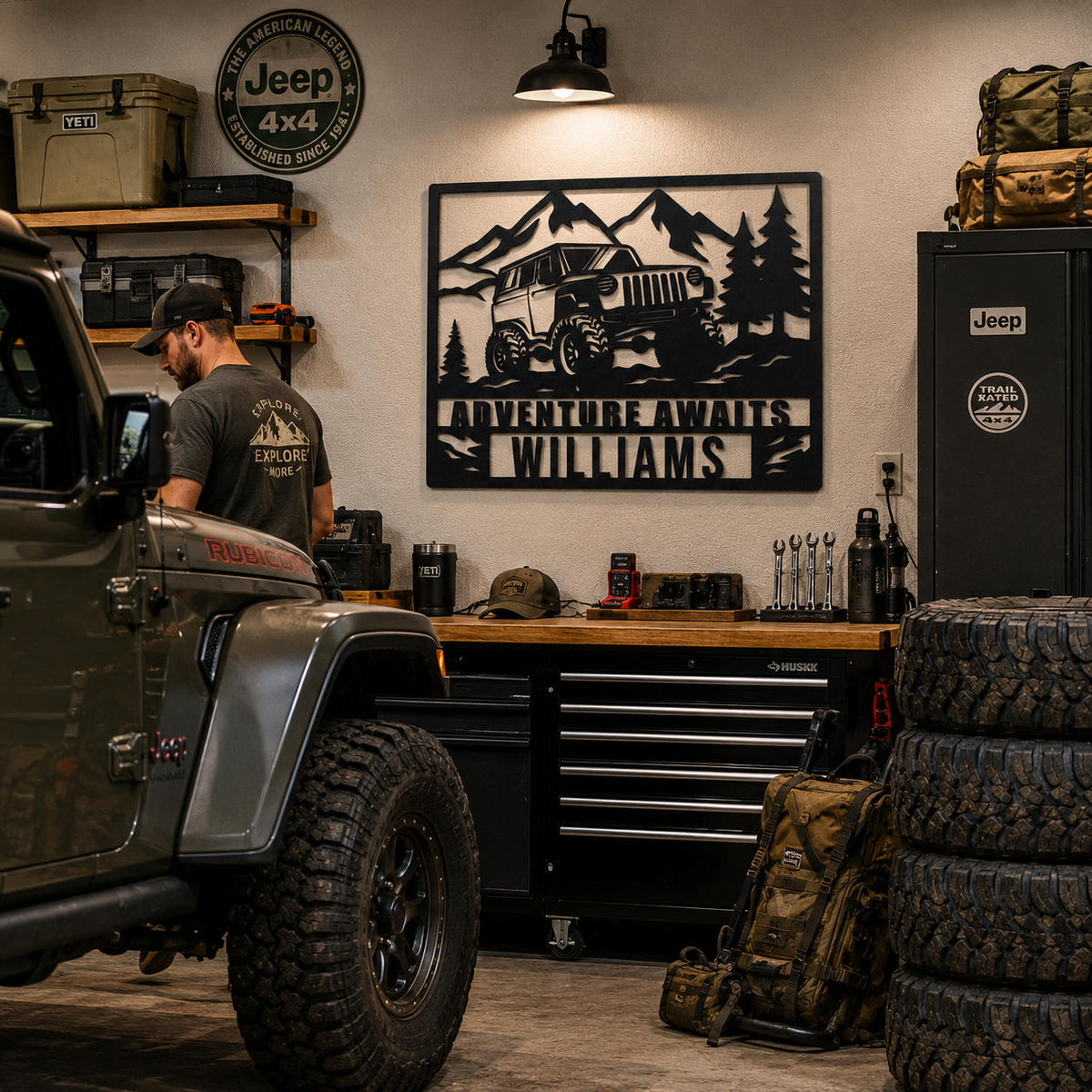 Personalized Jeep metal wall art displayed in an off-road garage with custom text.