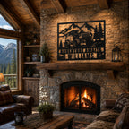 Personalized Jeep metal sign with custom text displayed above a cozy mountain cabin fireplace.