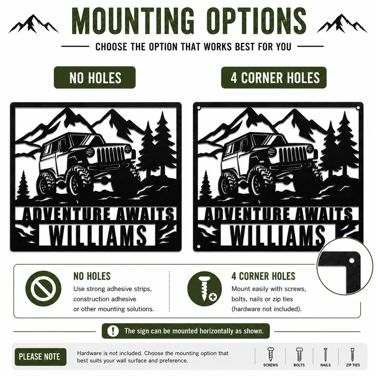 Mounting options for personalized Jeep metal wall art showing no holes and four corner hole styles.