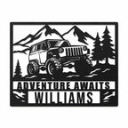 Personalized Jeep metal wall art with custom two-line text, laser cut steel sign on a white background.