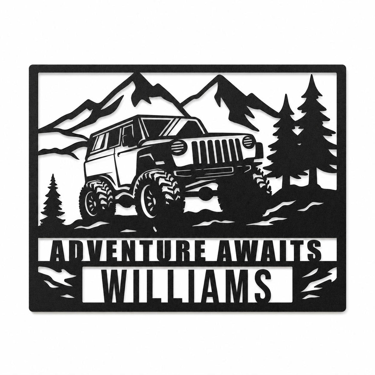 Personalized Jeep metal wall art with custom two-line text, laser cut steel sign on a white background.
