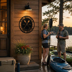 Couple preparing kayaks outside a lakeside cabin featuring a personalized metal kayak house sign, custom family name wall decor for outdoor enthusiasts.