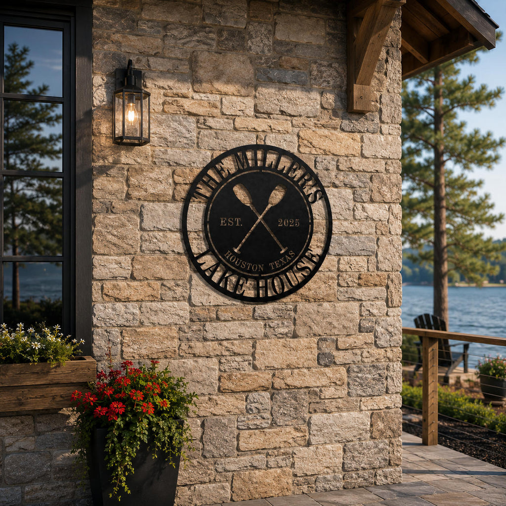 Black personalized metal kayak house sign installed on a natural stone exterior wall, custom outdoor steel sign for lake house, cabin or cottage.