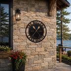 Black personalized metal kayak house sign installed on a natural stone exterior wall, custom outdoor steel sign for lake house, cabin or cottage.