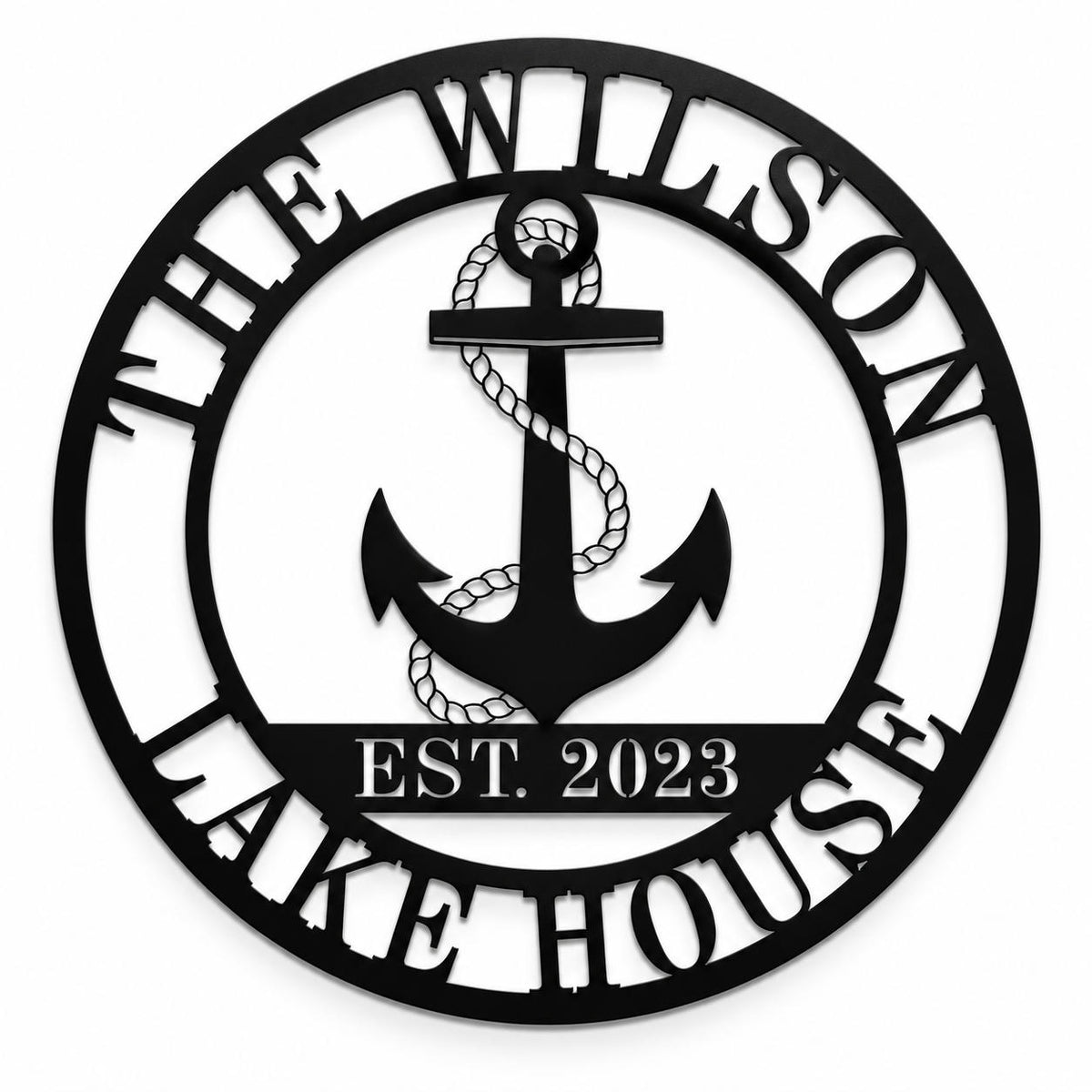 Personalized black metal lake house sign with anchor, family name, and established year. Main image