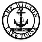 Personalized black metal lake house sign with anchor, family name, and established year.