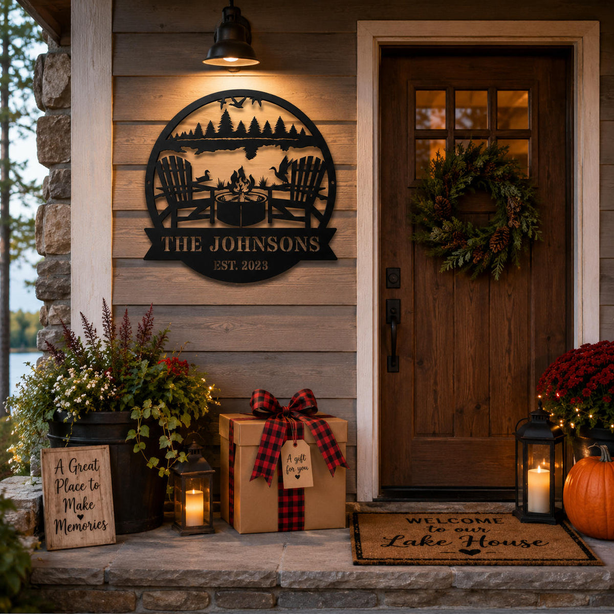 Personalized family metal sign decorating a welcoming lake house entrance with gift-ready styling.