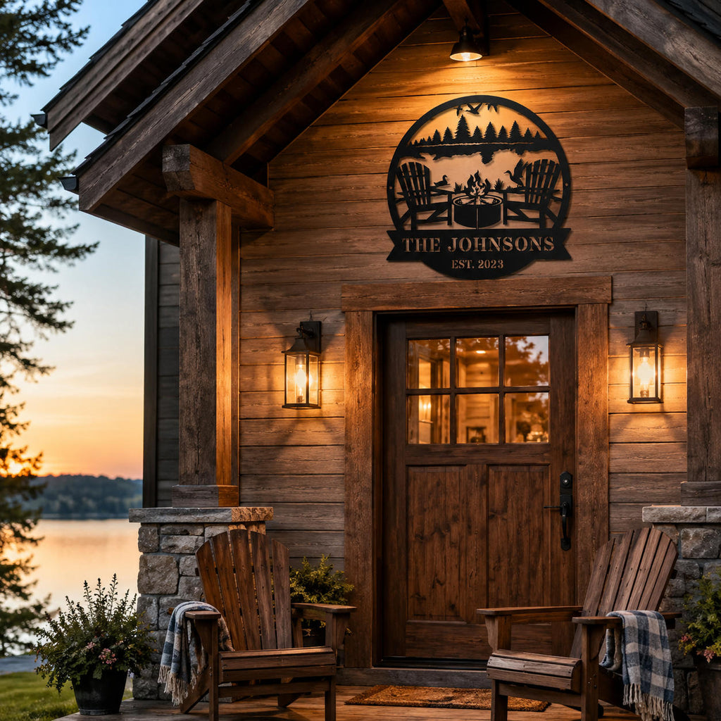 Personalized metal family sign mounted above the entrance of a rustic lake house cabin.