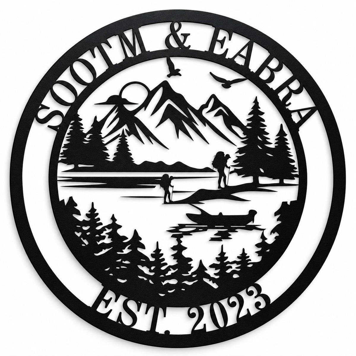 Personalized round black metal lake house sign featuring a custom family name, mountains, pine trees, hikers and canoe design. Main image