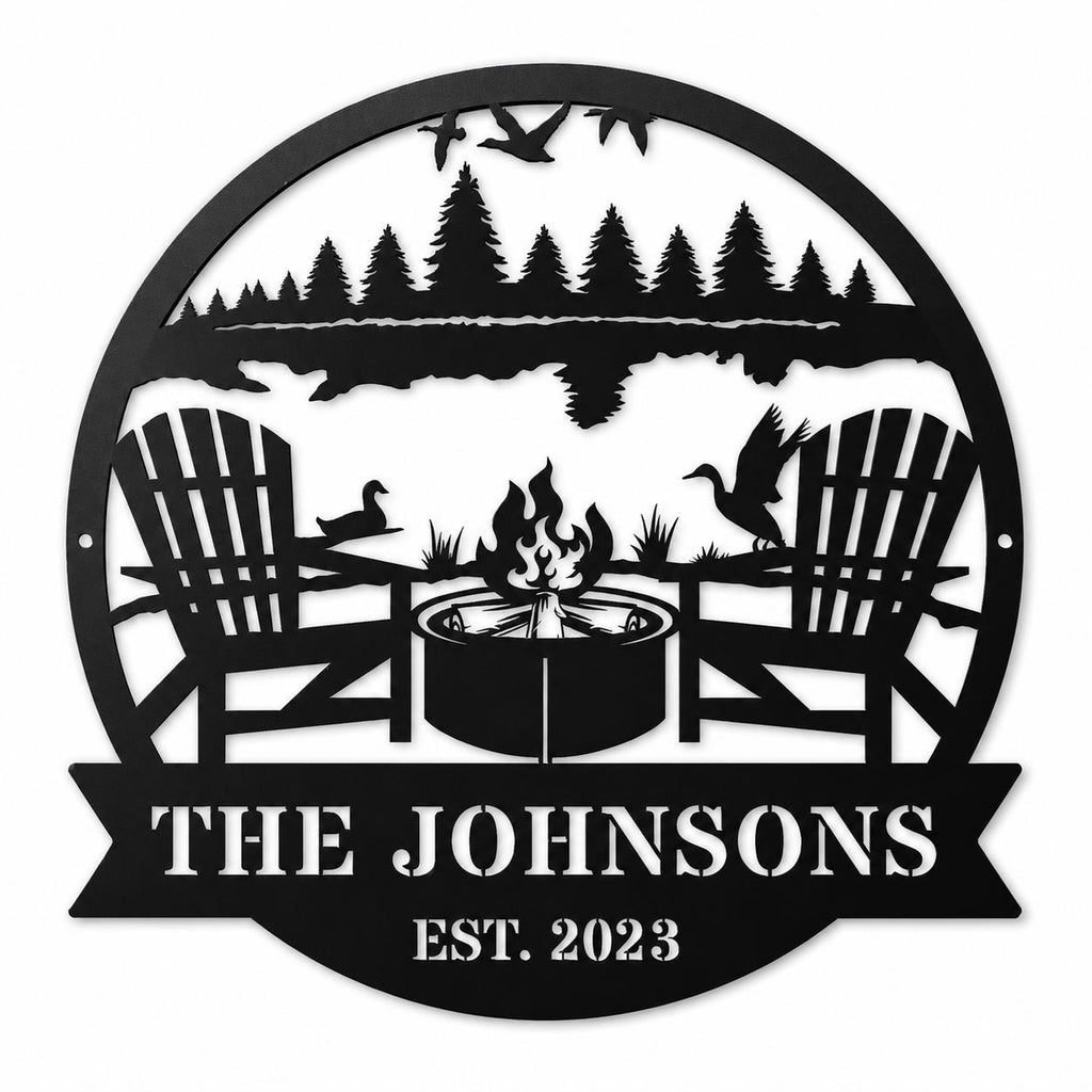 Personalized lake house metal sign featuring Adirondack chairs, a campfire, forest, and custom family name on a white background.