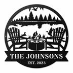 Personalized lake house metal sign featuring Adirondack chairs, a campfire, forest, and custom family name on a white background.