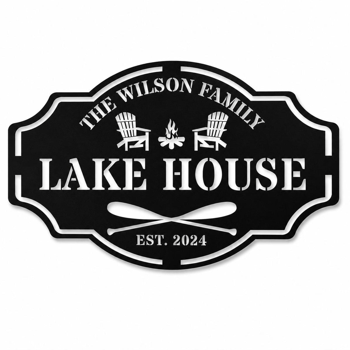 Personalized black metal Lake House sign with custom family name, Adirondack chairs, campfire, crossed paddles, and EST year on a white background. Main image