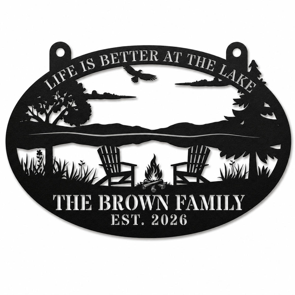 Personalized black metal lake house sign featuring a custom family name, scenic lakeside design, and established year on a clean white background. Main image