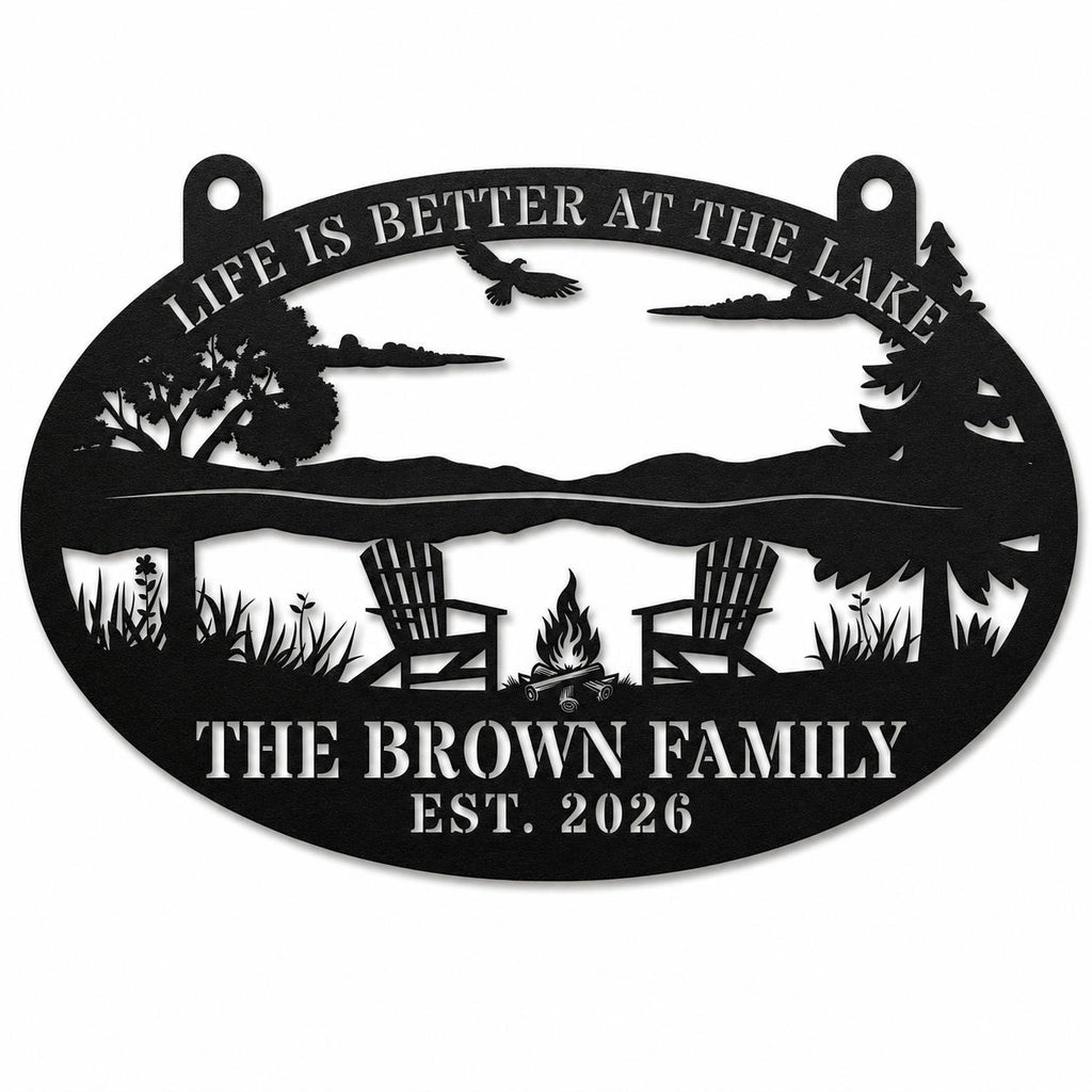 Personalized black metal lake house sign featuring a custom family name, scenic lakeside design, and established year on a clean white background.