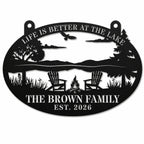 Personalized black metal lake house sign featuring a custom family name, scenic lakeside design, and established year on a clean white background.