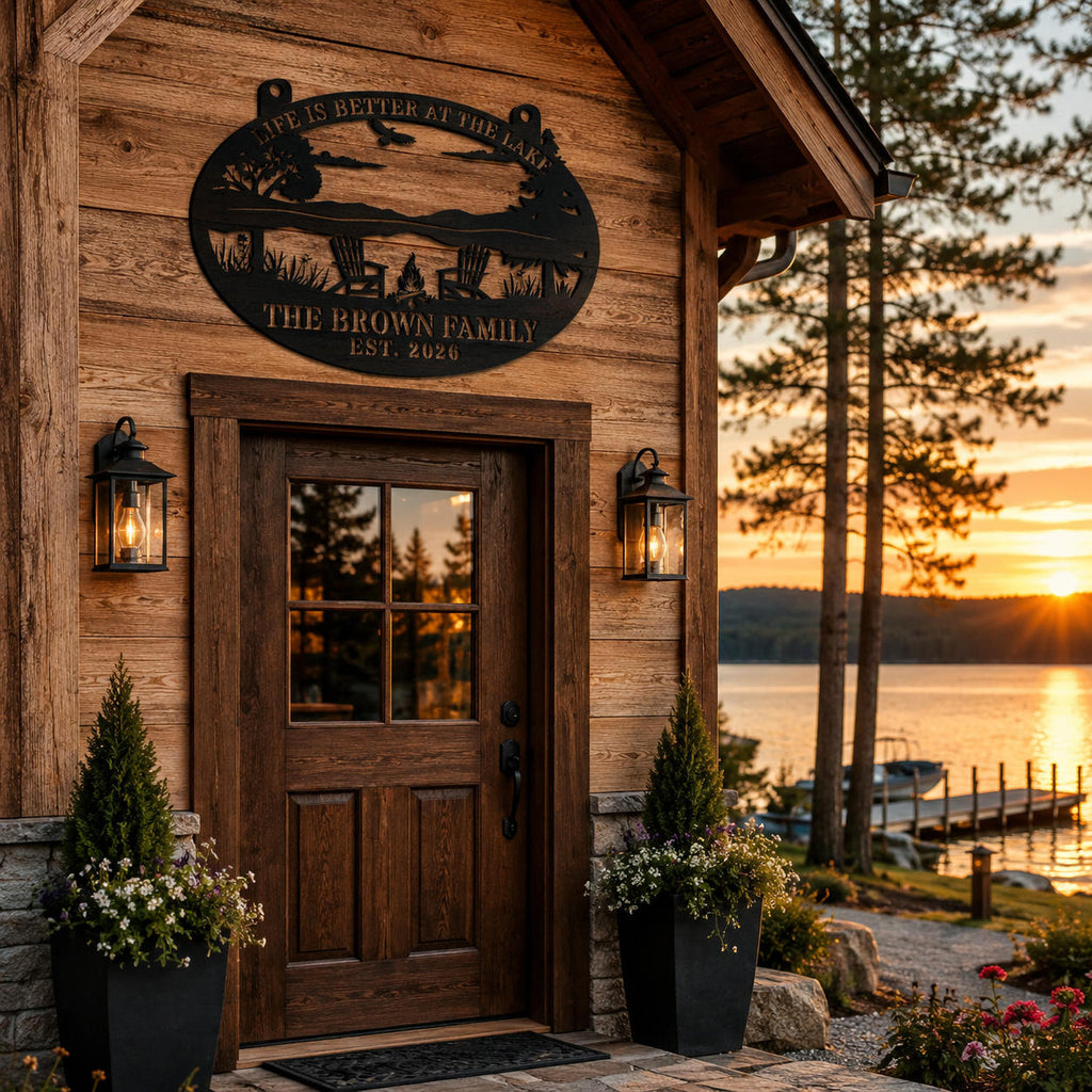 Personalized lake house metal sign mounted above a rustic cabin entrance overlooking the lake at sunset.