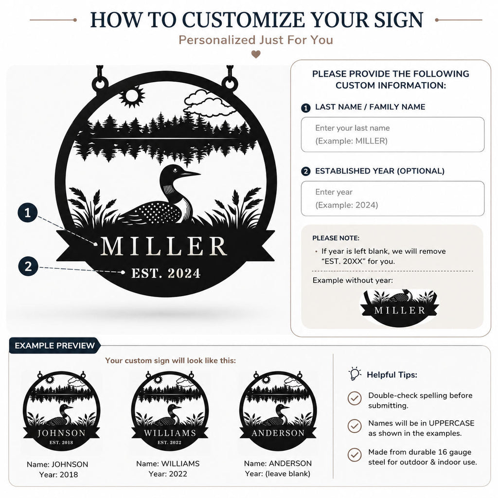 Customization guide for entering a family name and established year on a personalized loon lake house metal sign.