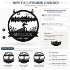 Customization guide for entering a family name and established year on a personalized loon lake house metal sign.