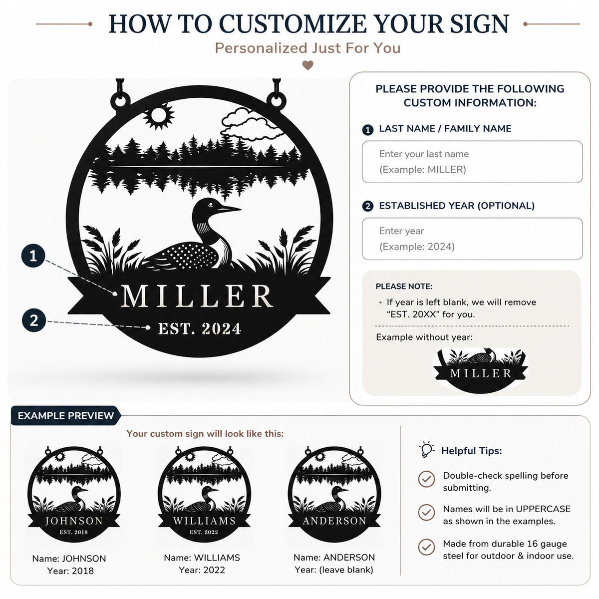 Customization guide for entering a family name and established year on a personalized loon lake house metal sign.