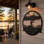 Personalized Miller lake house metal sign displayed on a cozy lakeside deck with a peaceful lake view.