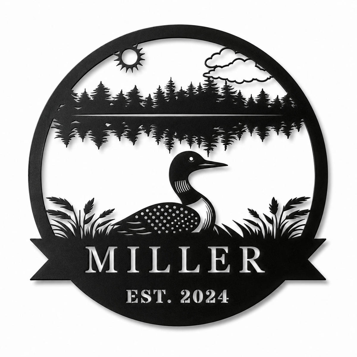 Personalized Miller loon lake house metal sign with pine trees and Est. 2024 on a white background. Main image