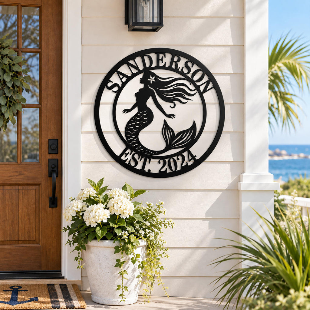 Personalized Sanderson mermaid metal sign displayed on a bright coastal home porch.