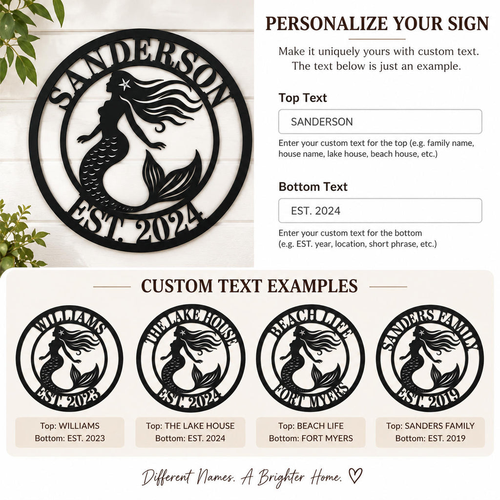 Personalization guide showing custom top and bottom text options for a mermaid metal sign.