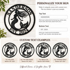 Personalization guide showing custom top and bottom text options for a mermaid metal sign.