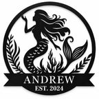 Personalized black metal mermaid family name sign with custom name and established year.