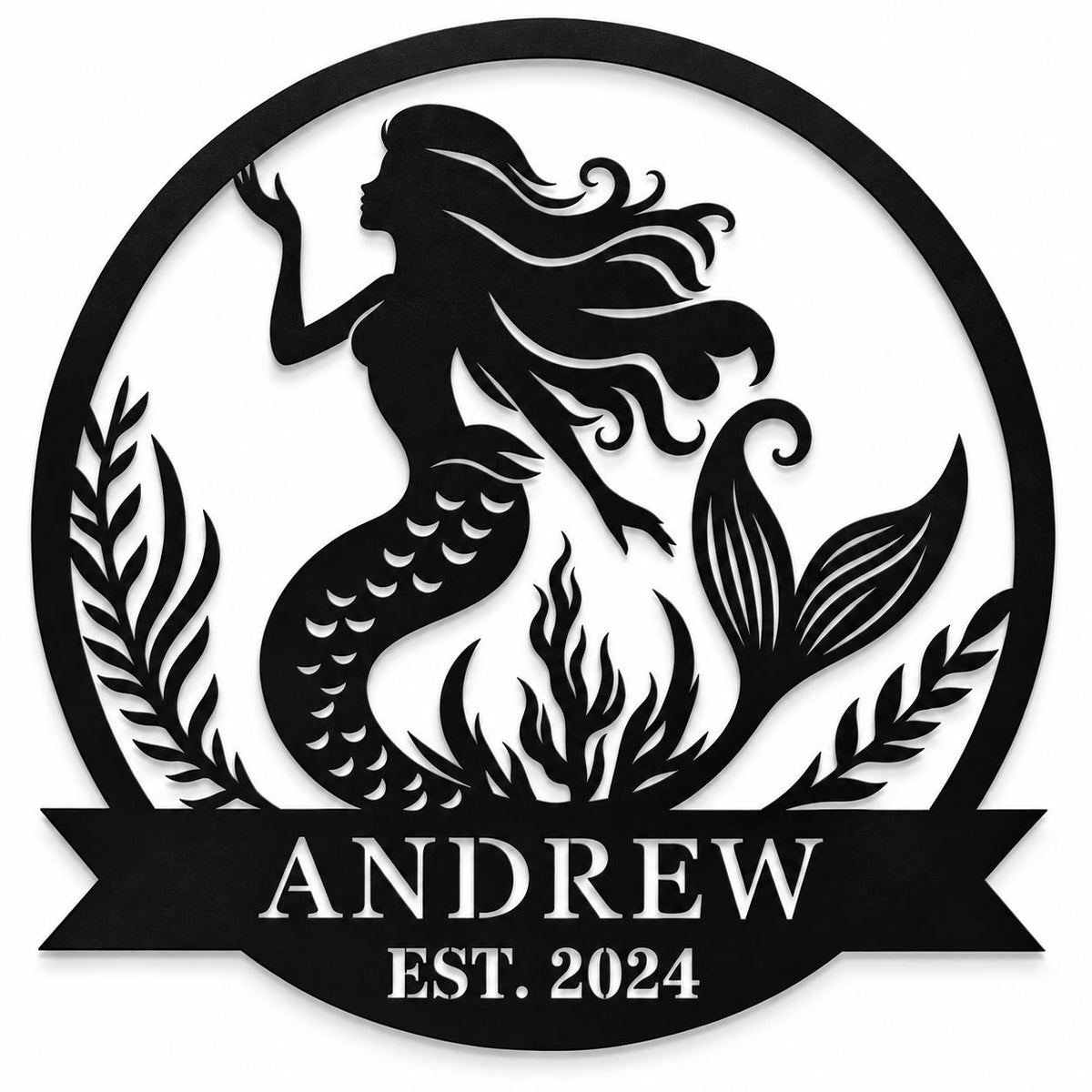 Personalized black metal mermaid family name sign with custom name and established year.