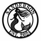 Personalized Sanderson mermaid metal sign with EST. 2024 in a round black design.
